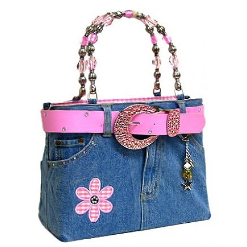 Denim Jean Purse W/ Belt & Key Chain/Flower - BG-BJ113MPK ( BG-ABJ13MPK )