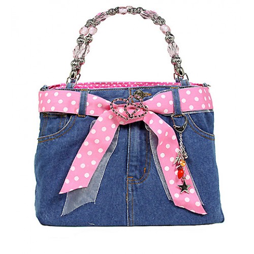 Denim Jean Purse w/ Polka Dots Ribbon -  BG-BJ117MPK