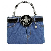 Denim Jean Purse  w/ Rhinestone  Fleur De Lis Charm Belt - BG-BJ143MBK