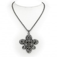 Fleur De Lis Charm Necklace - 3-Layer Paved Rhinestone - Hematite - NE-12252HE