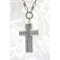 Cross Charm Necklace - OPQ Paved With Crystals - Silver - NE-AACN6313S