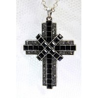 Cross Charm Necklace - Burnish-Like Silver w/ Black Stones - NE-ACQN4753B