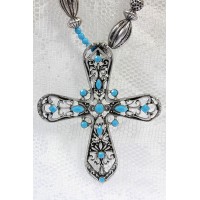 Cross Charm Necklace & Earrings Set - Beaded Straps w/ Large Cross Charm - Turqoise Stones -NE-ACQN4781SC