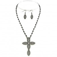 Cross Charm Necklace & Earrings Set - Hematite Plating w/ Clear Stones - NE-ACQS1144HA