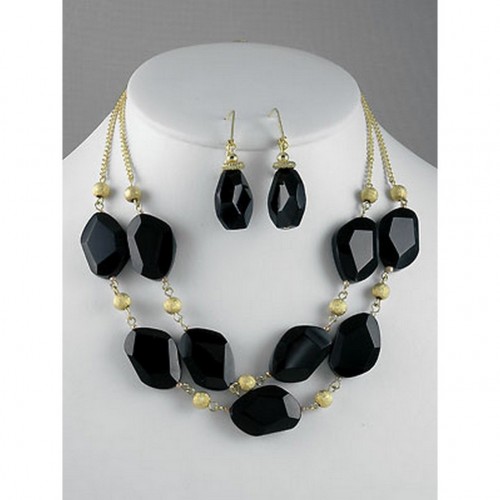 Gem Stone - Double Straps Gold Chain NE+ER Set - Black - NE-GM313NKBK