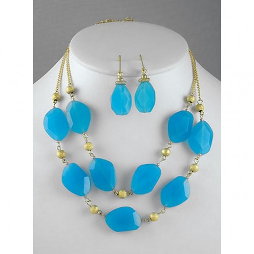 Gem Stone - Double Straps Gold Chain NE+ER Set - TQ Blue - NE-GM313NKTQ