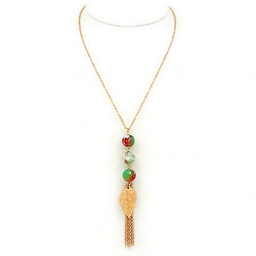 Necklace: 3 Genuine Stones w/Leave Shape Pendant & Tassels - 28” - NE-JN651GNA