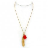 Necklace: Tear Drop Genuine Stone w/ Feather Shape Pendant - 28” - NE-JN678FU