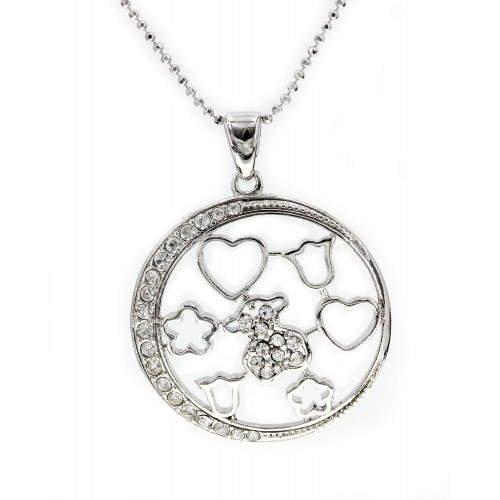 T-Bear w/ Circle Charm Crystals Necklace- Rhodium Plating - Clear - NE-N4204CL