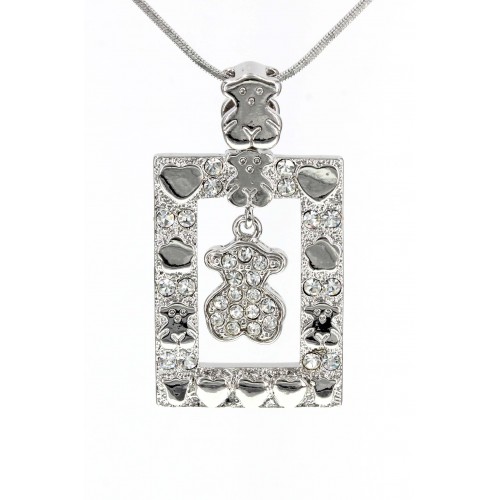 T-Bear w/ Hearts Charm Crystals Necklacle  - Rectangle Shape- Rhodium Plating - Clear - NE-N4496CL