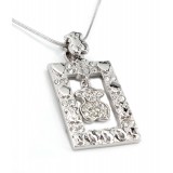 T-Bear w/ Hearts Charm Crystals Necklacle  - Rectangle Shape- Rhodium Plating - Clear - NE-N4496CL