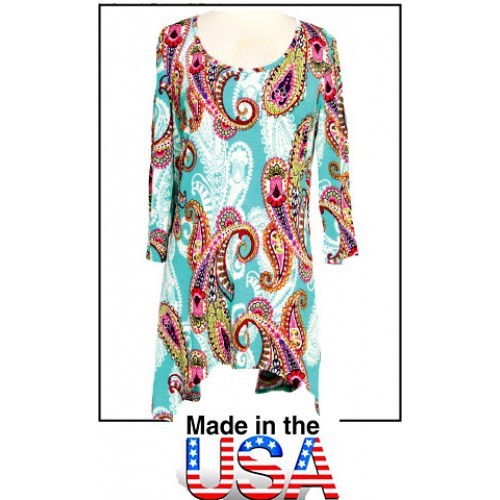 Tunics Tops with 3/4 Sleeves, Paisley Print – Turquoise & Pink color